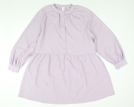 H&M Womens Purple Polyester Shift Size M Round Neck Button - Smocked