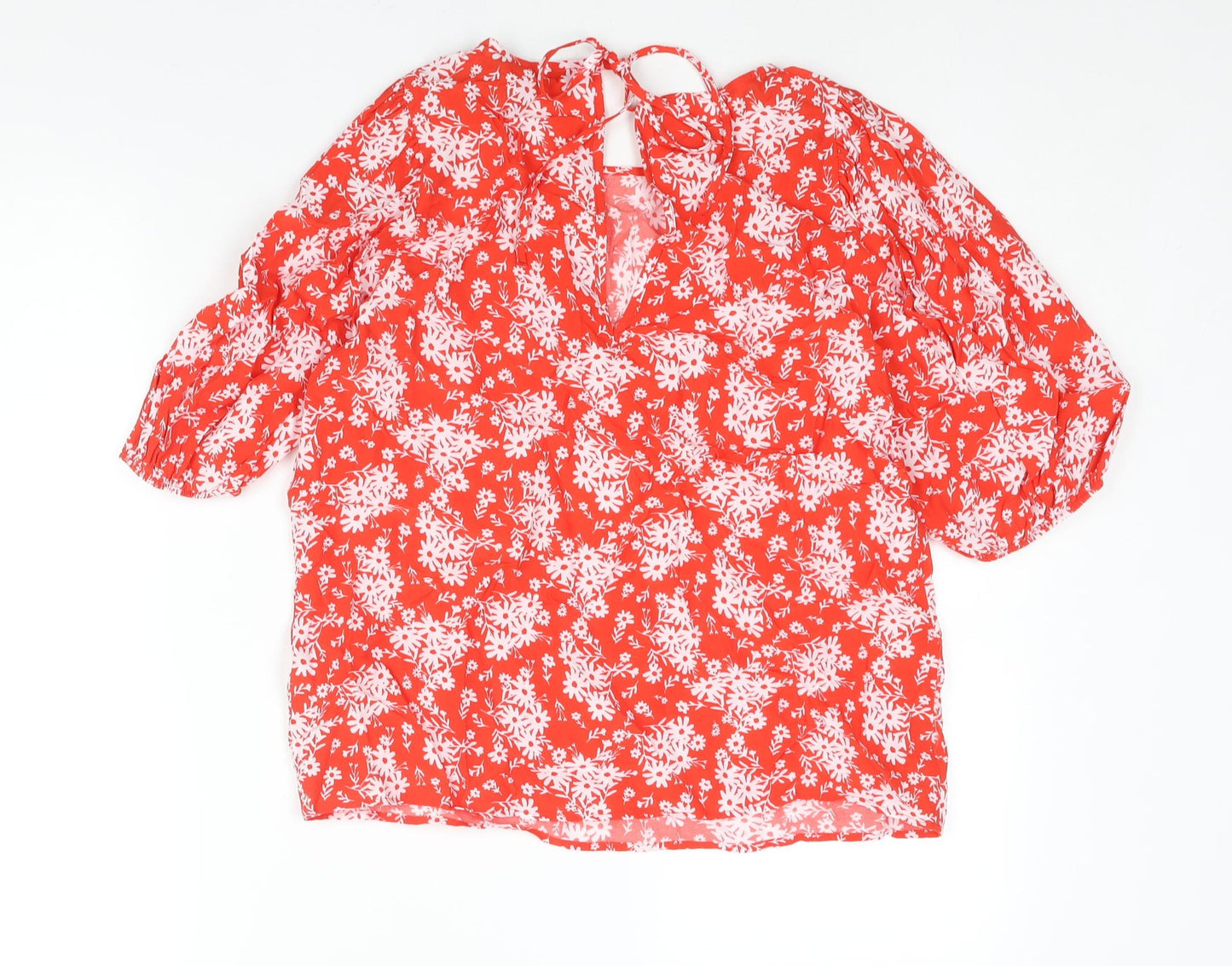 Marks and Spencer Womens Red Floral Viscose Basic Blouse Size 10 Round Neck