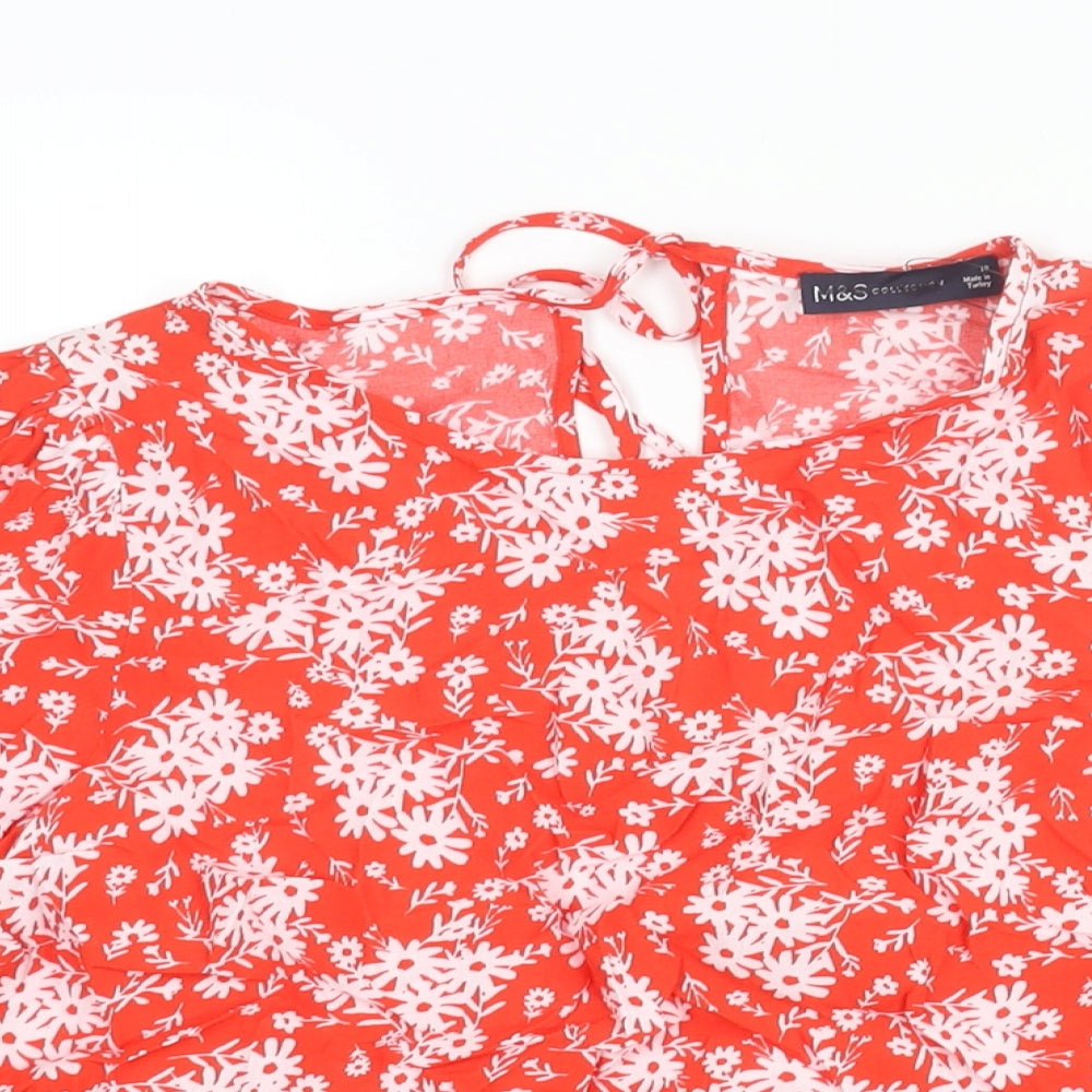 Marks and Spencer Womens Red Floral Viscose Basic Blouse Size 10 Round Neck