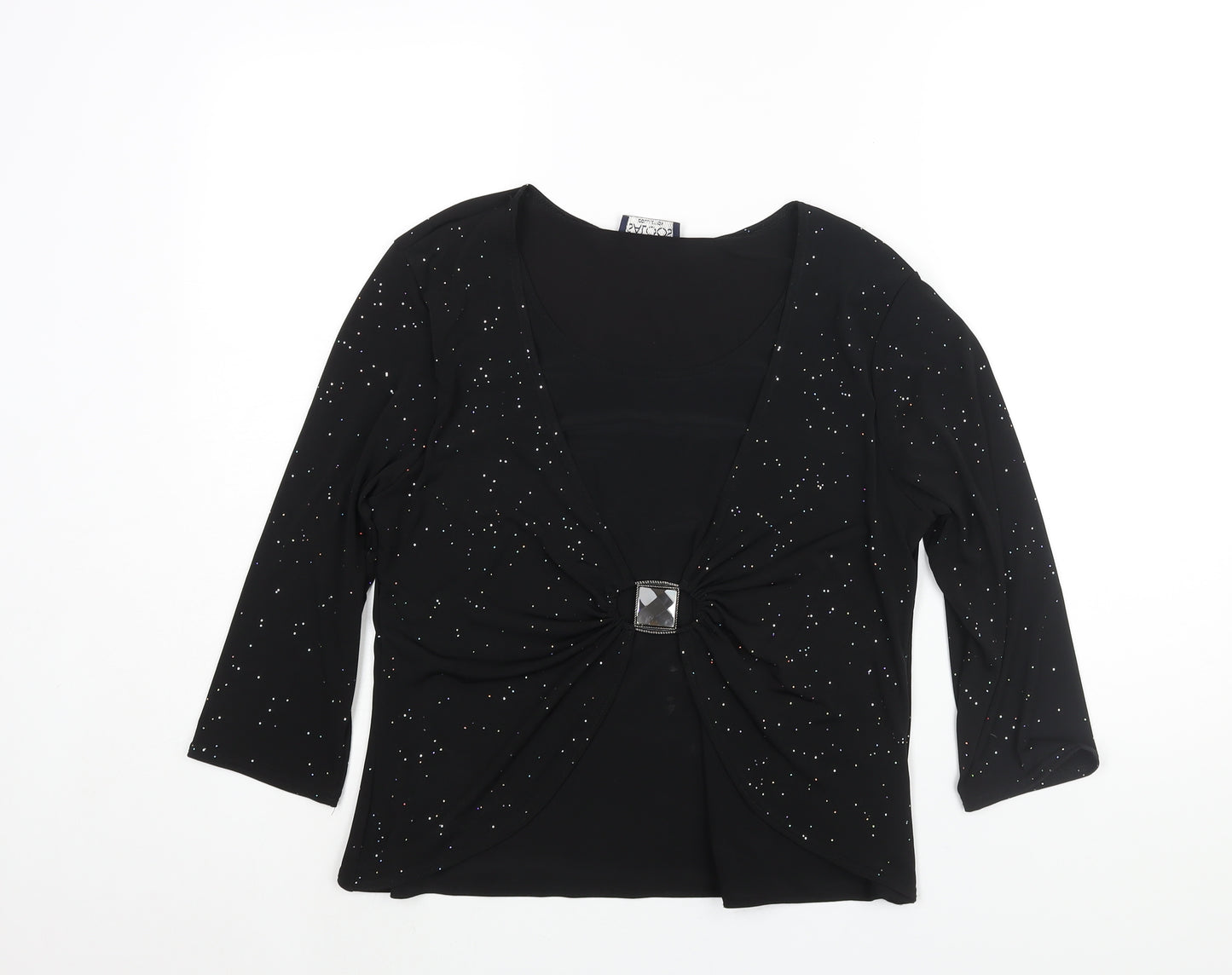 Saloos Womens Black Polyester Basic Blouse Size L Round Neck - Sequin Rhinestone Clasp Detail