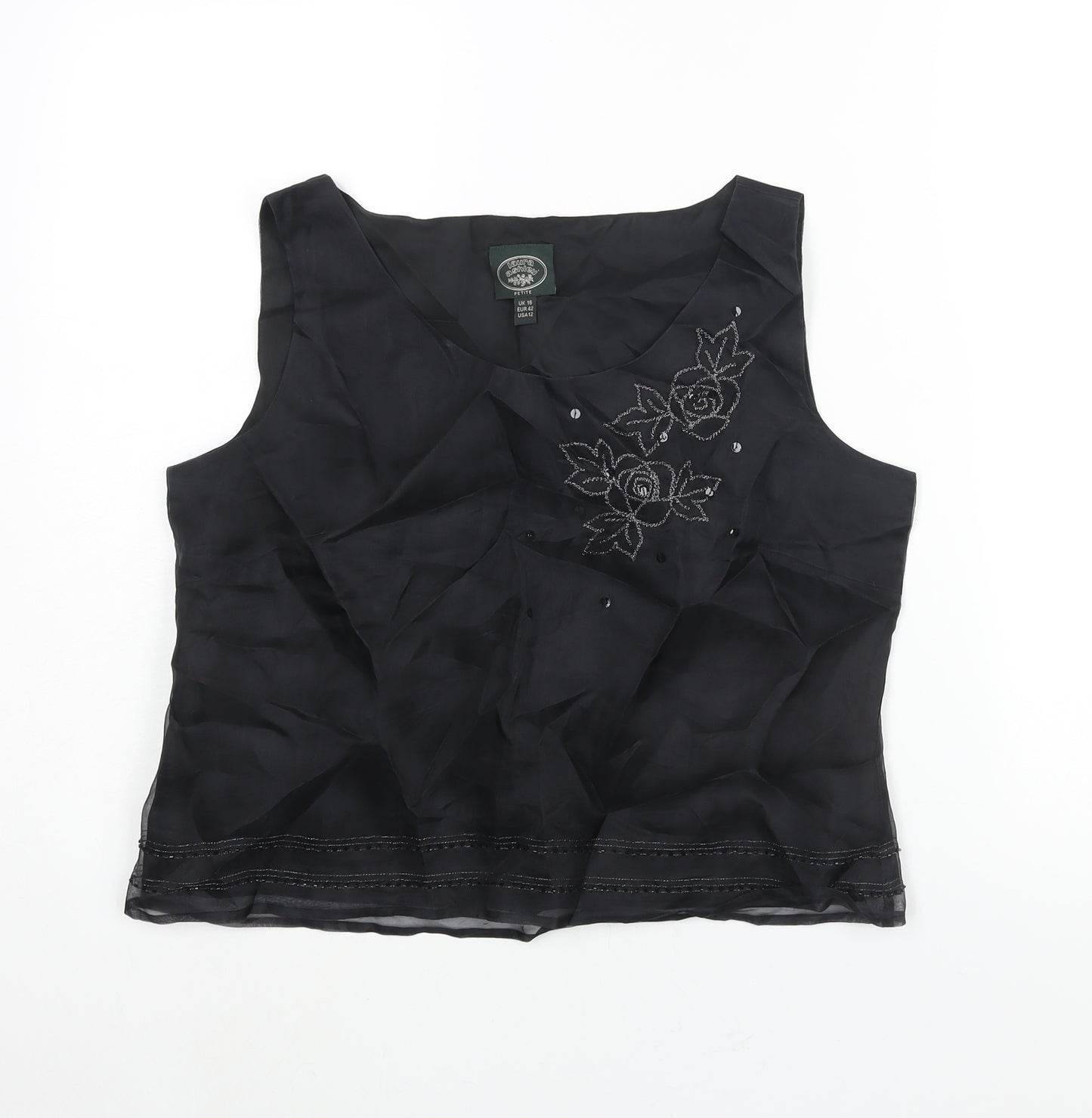 Laura Ashley Womens Black Silk Camisole Blouse Size 16 Round Neck - Floral Embroidery Sequin