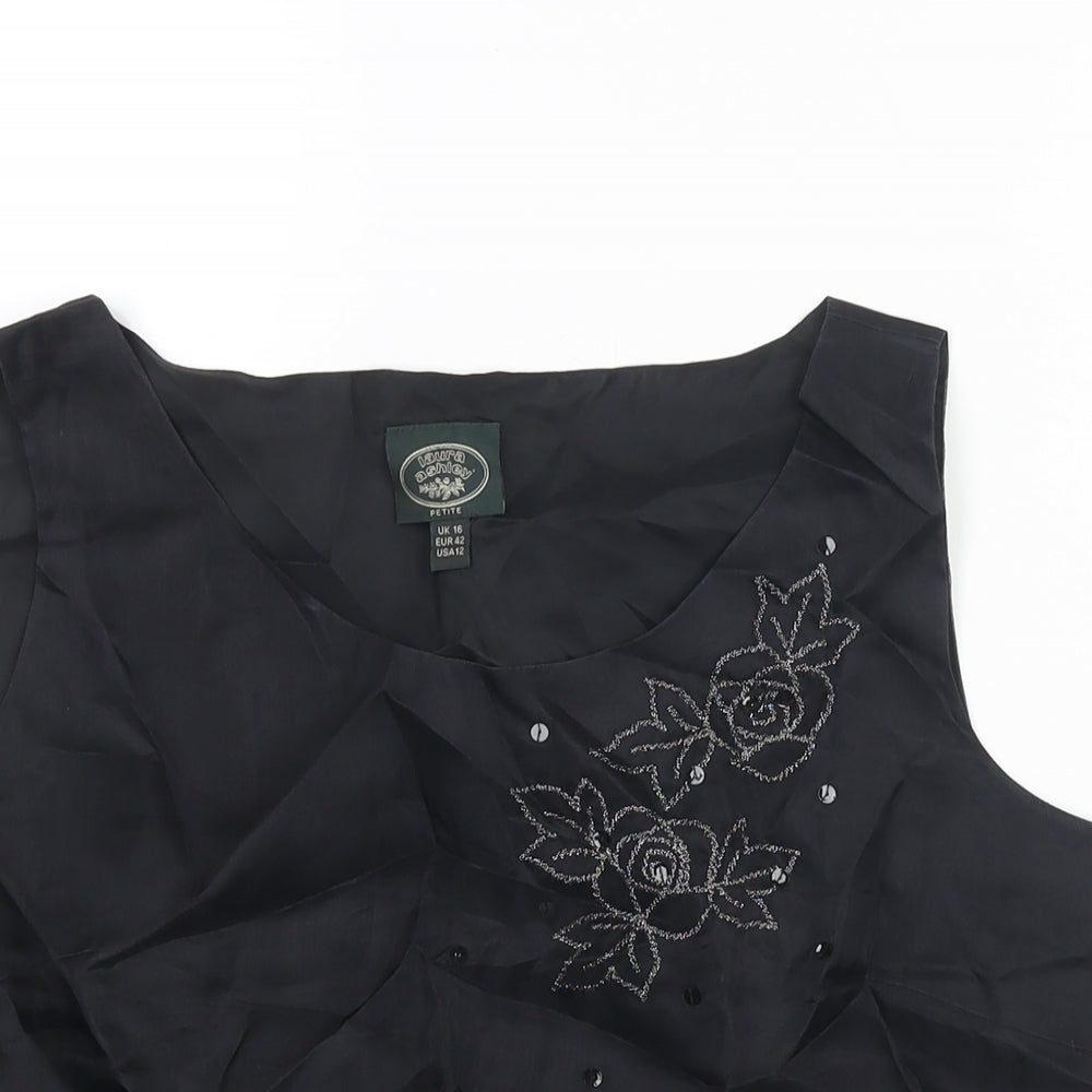 Laura Ashley Womens Black Silk Camisole Blouse Size 16 Round Neck - Floral Embroidery Sequin