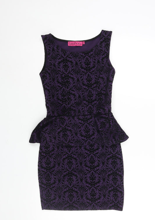 Boohoo Womens Purple Geometric Polyester Bodycon Size 10 Round Neck Pullover - Peplum Velvet Detail