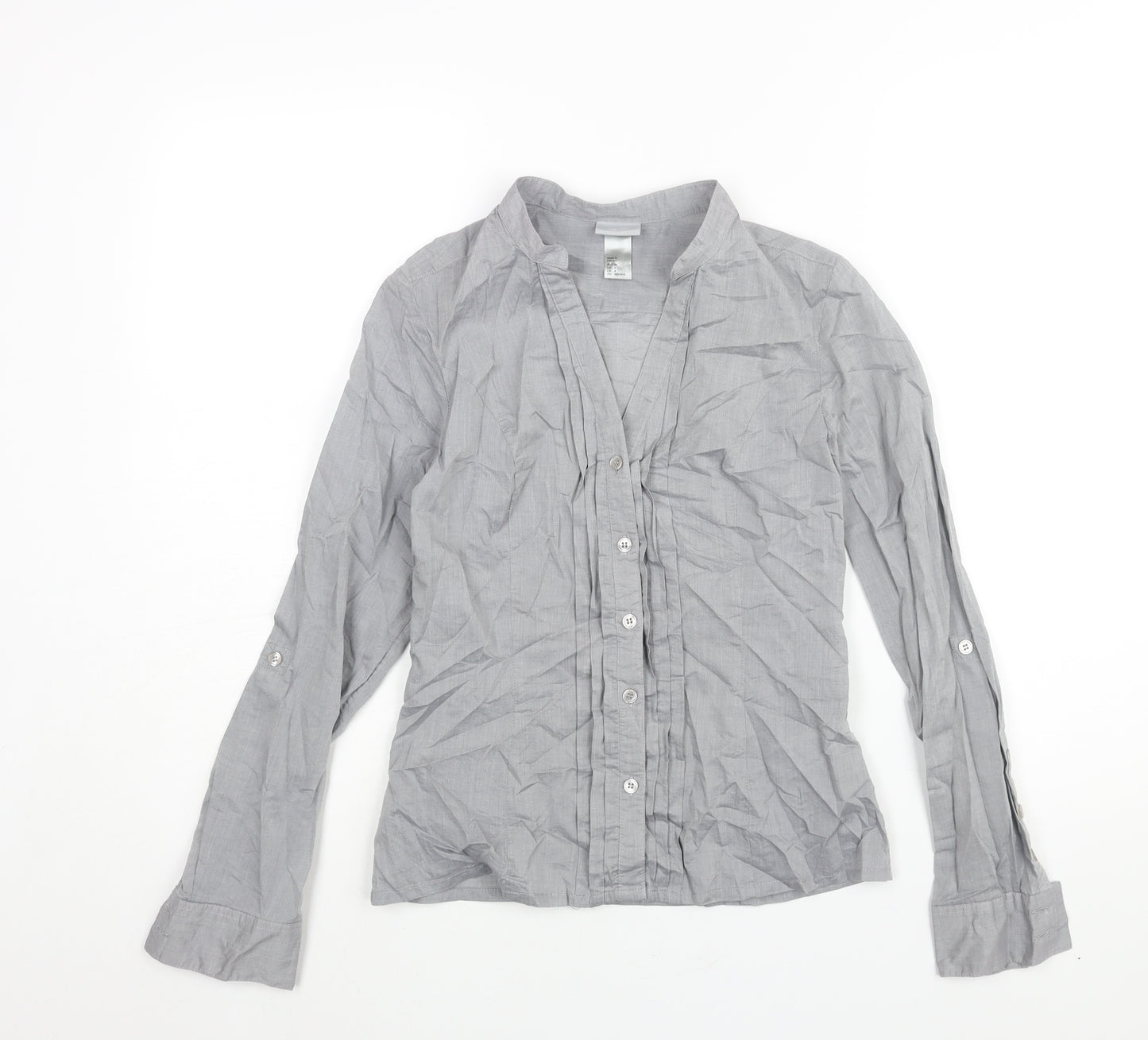 H&M Womens Grey Cotton Basic Button-Up Size 6 Collared