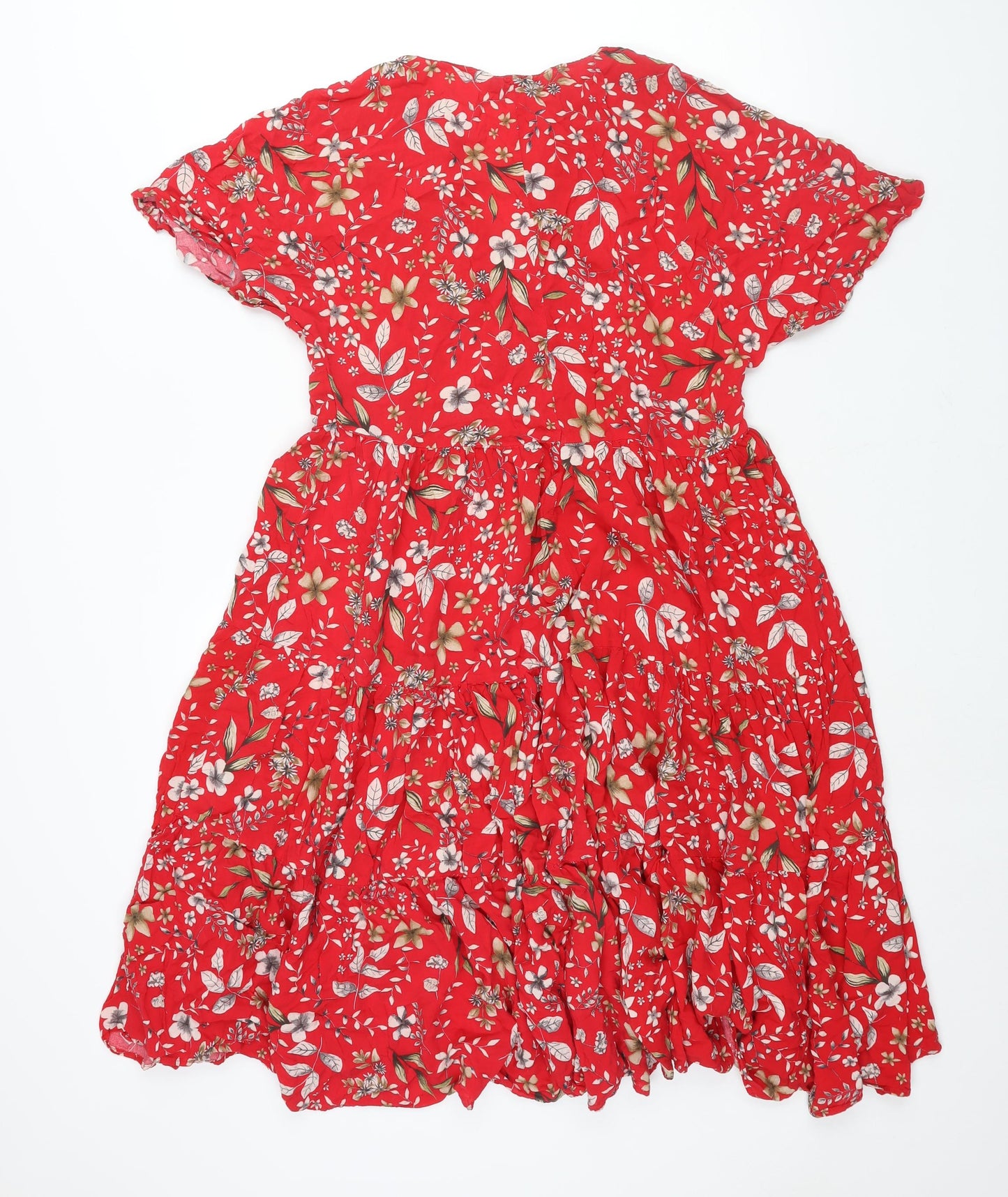 Zara Womens Red Floral Viscose Shift Size S V-Neck Pullover - Smocked