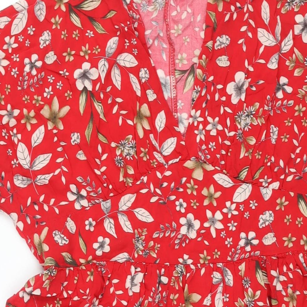 Zara Womens Red Floral Viscose Shift Size S V-Neck Pullover - Smocked