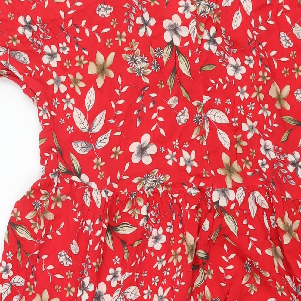 Zara Womens Red Floral Viscose Shift Size S V-Neck Pullover - Smocked