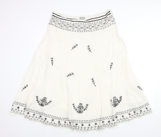 Per Una Womens Ivory Cotton Flare Skirt Size 18 Zip - Embroidered