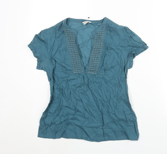 Monsoon Womens Blue Cotton Basic Blouse Size 10 V-Neck - Lace Detail