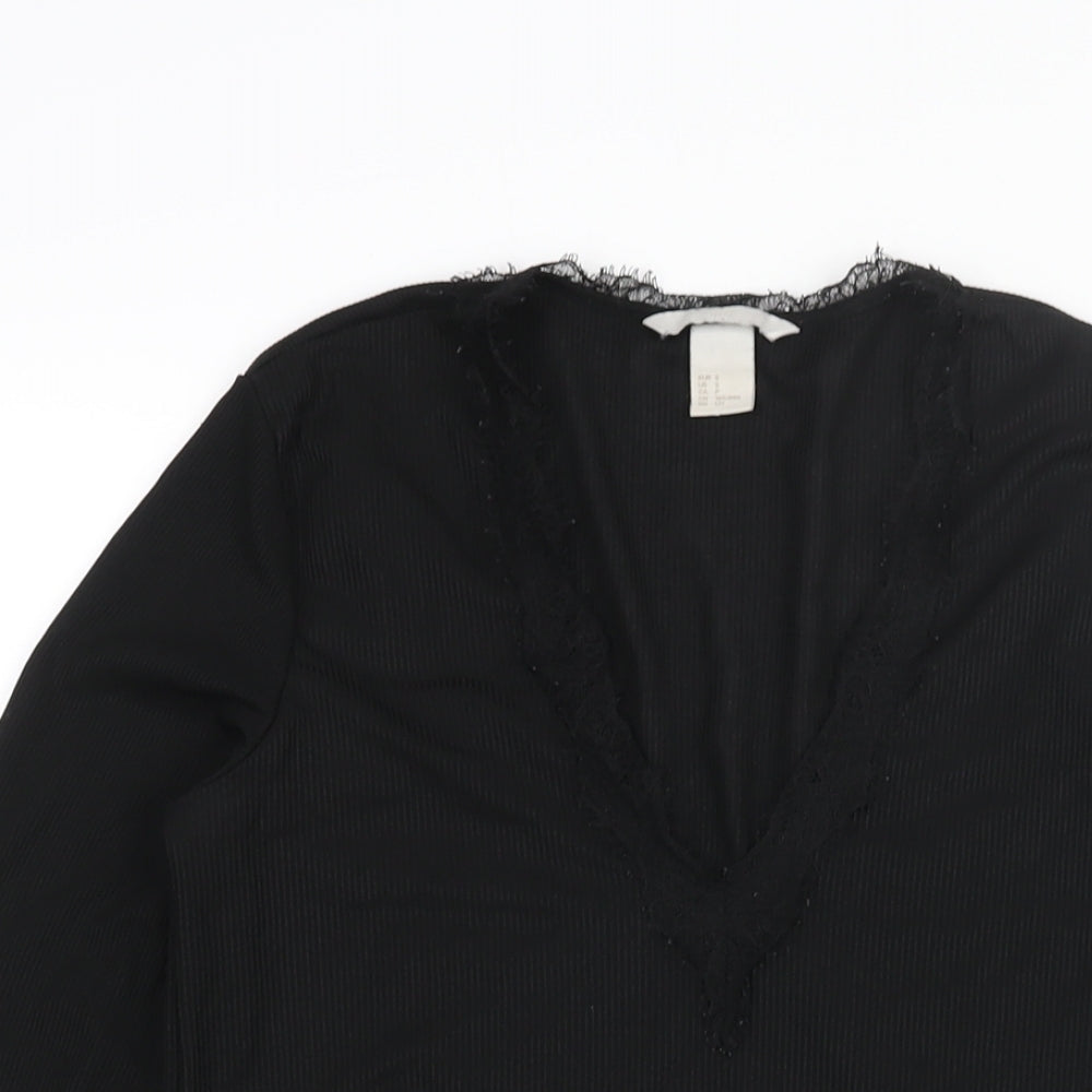 H&M Womens Black Polyester Basic Blouse Size S V-Neck - Lace Trim