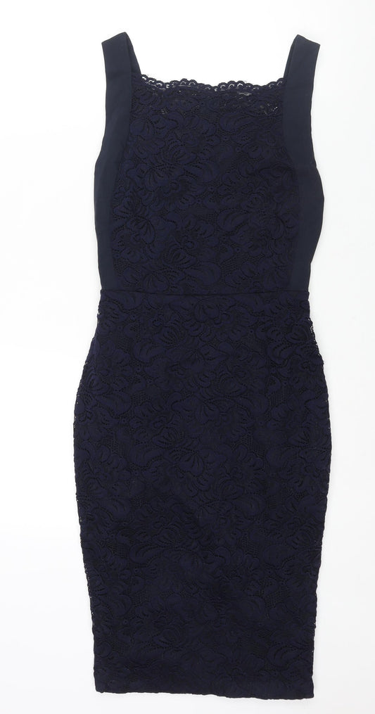 Vesper Womens Blue Viscose Pencil Dress Size 10 Square Neck Zip - Lace Panel