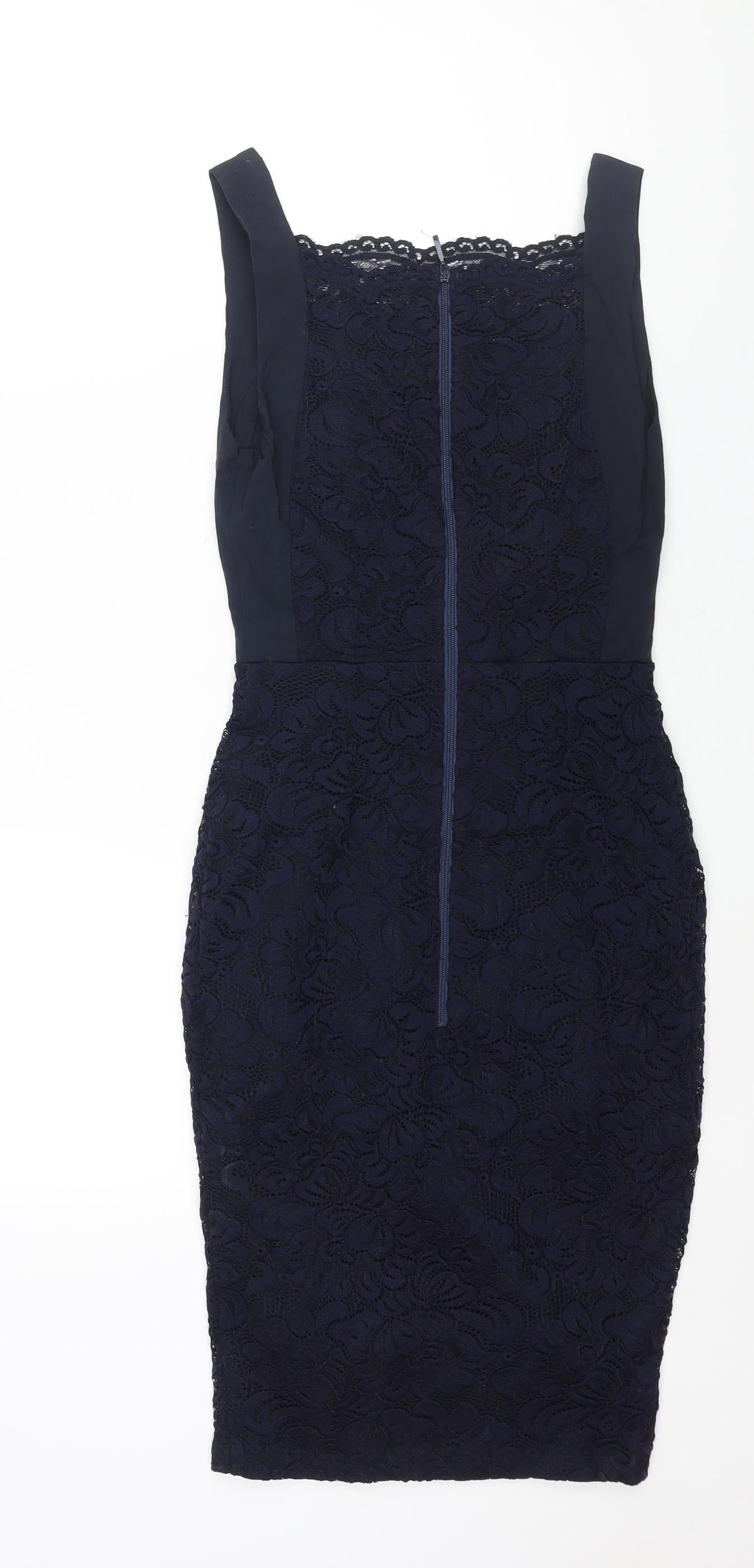 Vesper Womens Blue Viscose Pencil Dress Size 10 Square Neck Zip - Lace Panel