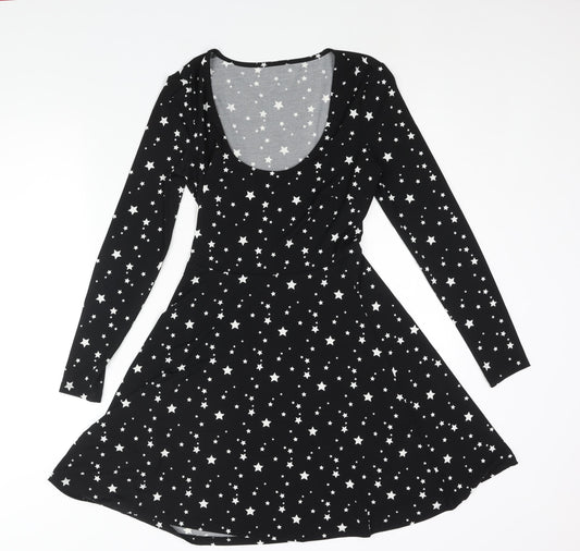 Pour Moi Womens Black Geometric Polyester Fit & Flare Size 10 Scoop Neck Pullover - Star Print