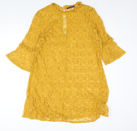 Marks and Spencer Womens Yellow Cotton Shift Size 18 Round Neck Button - Frill Bell Sleeve Semi Sheer