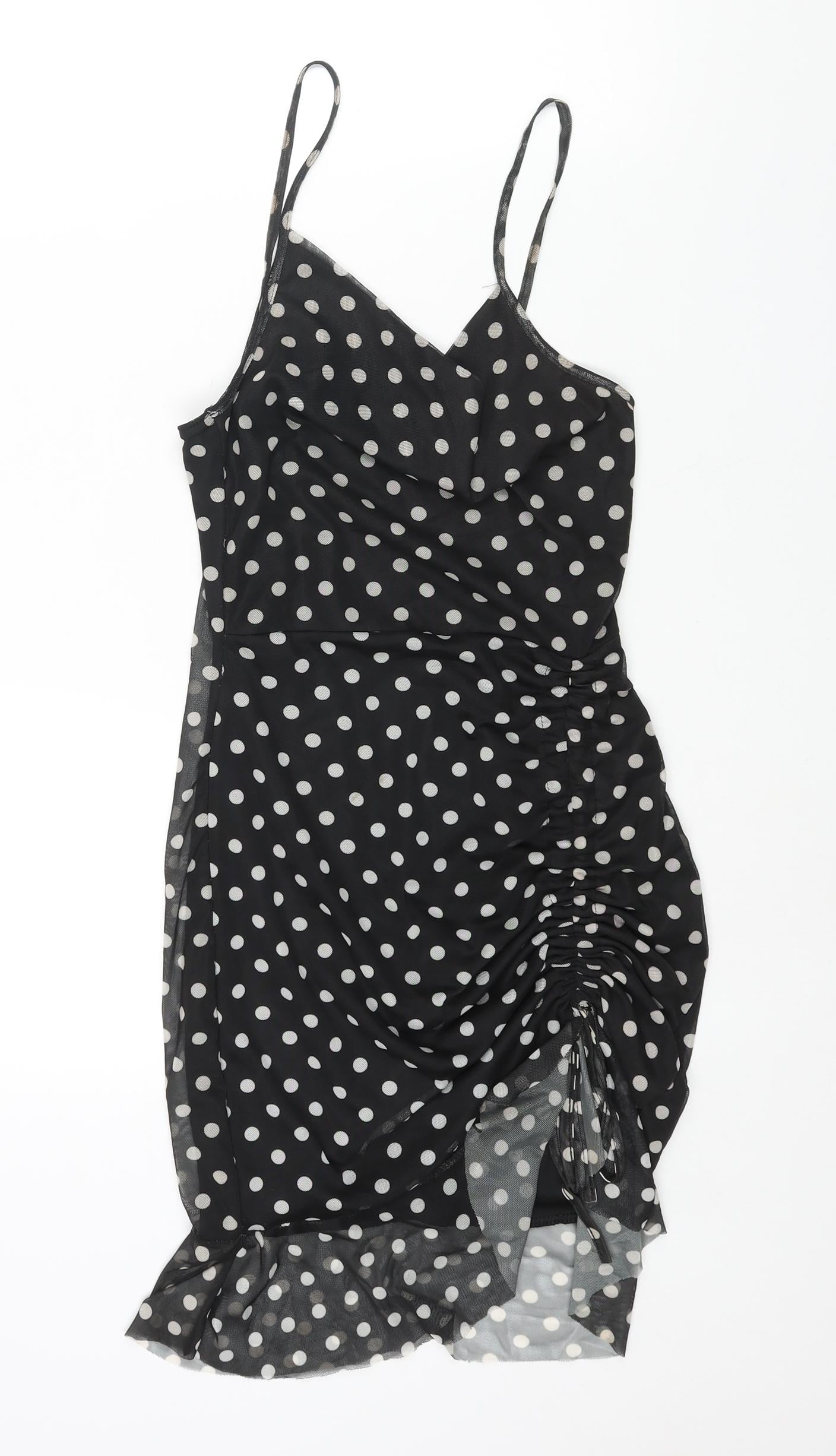 PRETTYLITTLETHING Womens Black Polka Dot Polyester Bodycon Size 10 Cowl Neck Pullover - Drawstring Detail