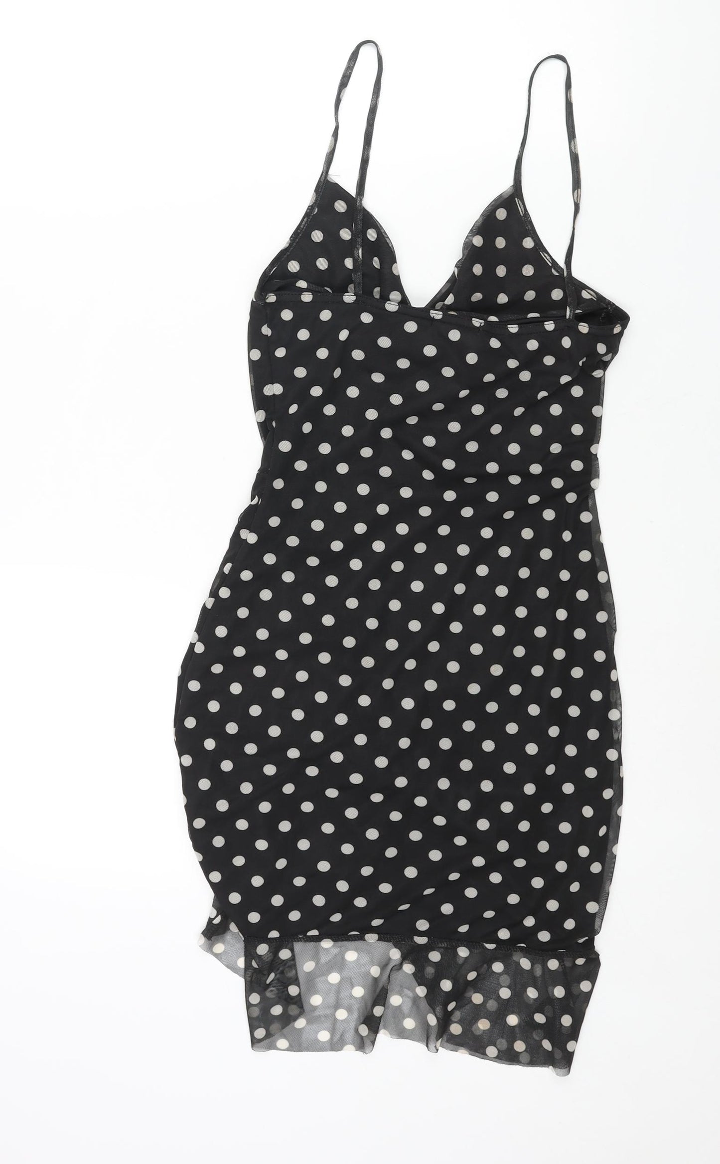 PRETTYLITTLETHING Womens Black Polka Dot Polyester Bodycon Size 10 Cowl Neck Pullover - Drawstring Detail