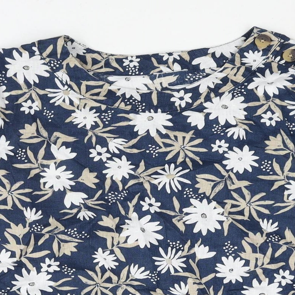 Marks and Spencer Womens Blue Floral Linen Basic Blouse Size 18 Round Neck