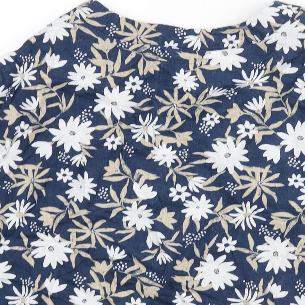 Marks and Spencer Womens Blue Floral Linen Basic Blouse Size 18 Round Neck