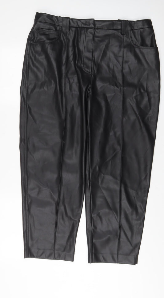 Marks and Spencer Womens Black Polyester Trousers Size 18 L26 in Regular Hook & Eye - Leather Look