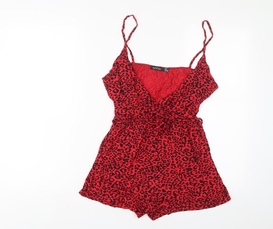 Boohoo Womens Red Animal Print Viscose Playsuit One-Piece Size 12 Pullover