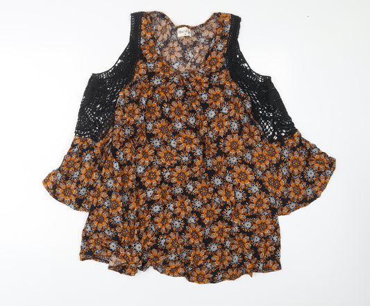 Kiss the Sky Womens Orange Floral Viscose A-Line Size M Scoop Neck Pullover - Crotchet