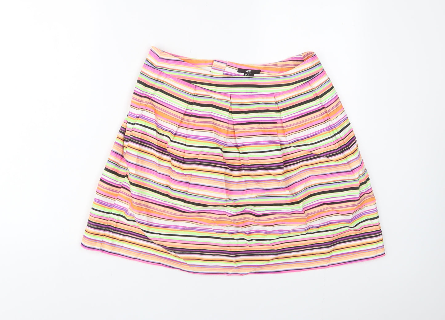 H&M Womens Multicoloured Striped Cotton A-Line Skirt Size 14 Zip - Pleated