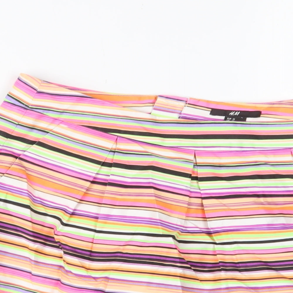 H&M Womens Multicoloured Striped Cotton A-Line Skirt Size 14 Zip - Pleated