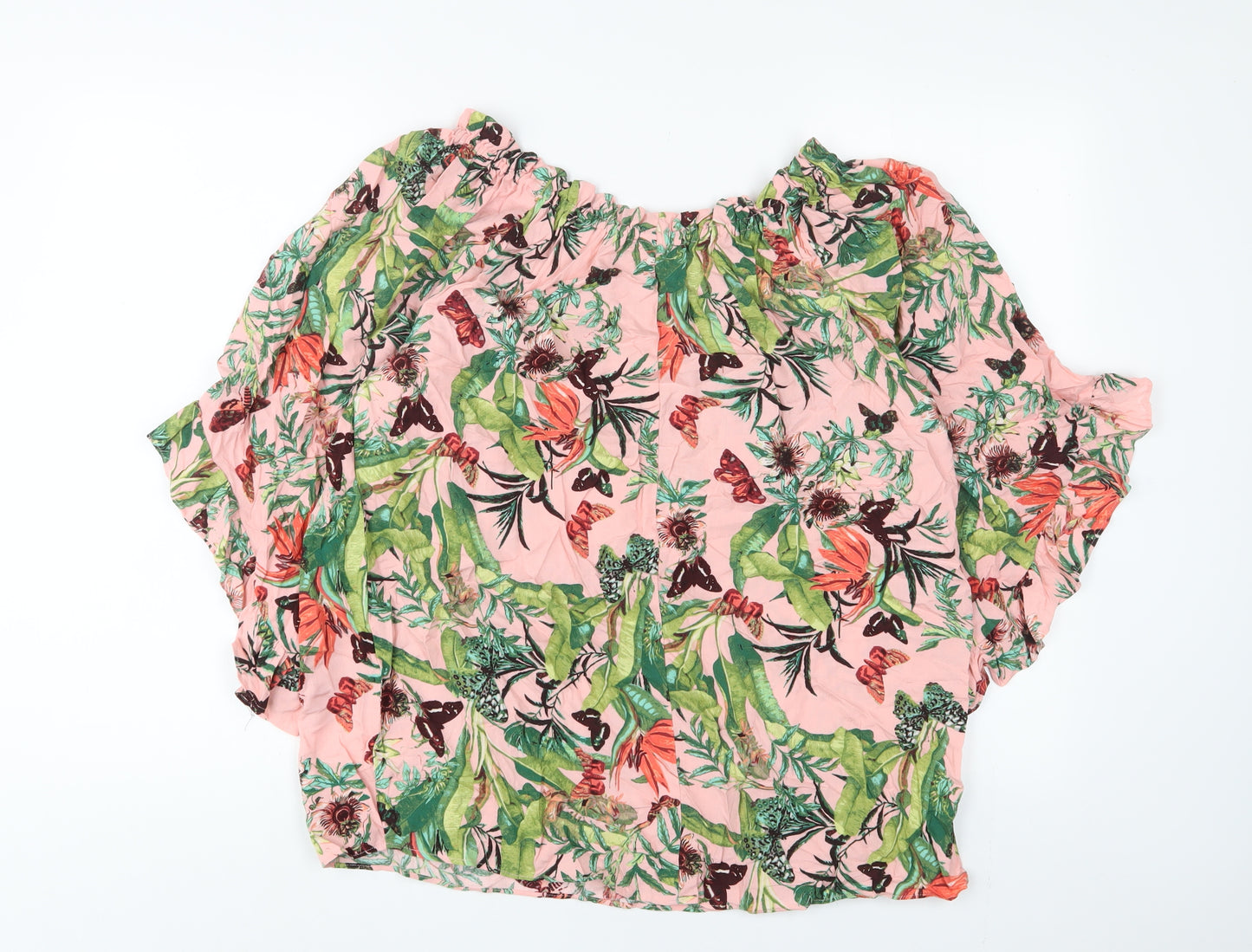 H&M Womens Pink Floral Viscose Basic T-Shirt Size 10 Boat Neck