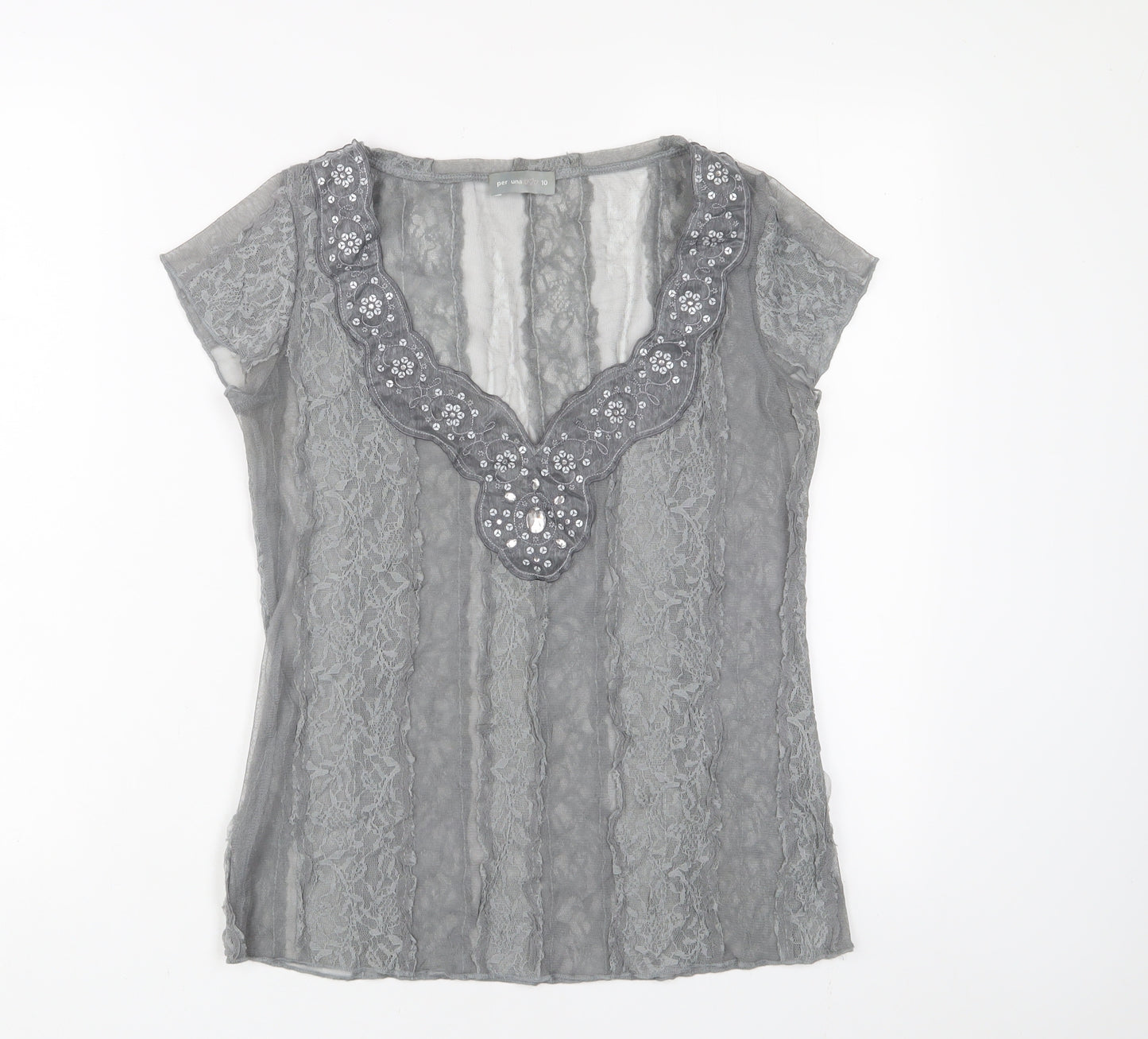 Per Una Womens Grey Polyester Basic T-Shirt Size 10 V-Neck - Lace, Embroidered, Sequins