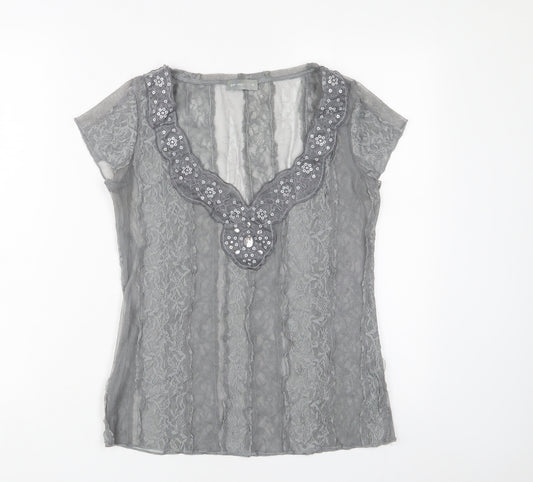 Per Una Womens Grey Polyester Basic T-Shirt Size 10 V-Neck - Lace, Embroidered, Sequins