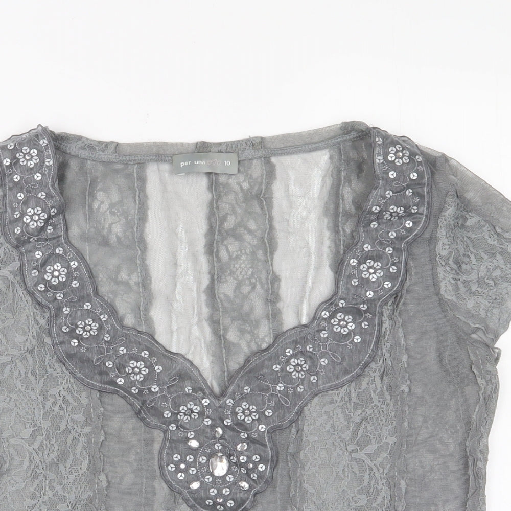 Per Una Womens Grey Polyester Basic T-Shirt Size 10 V-Neck - Lace, Embroidered, Sequins