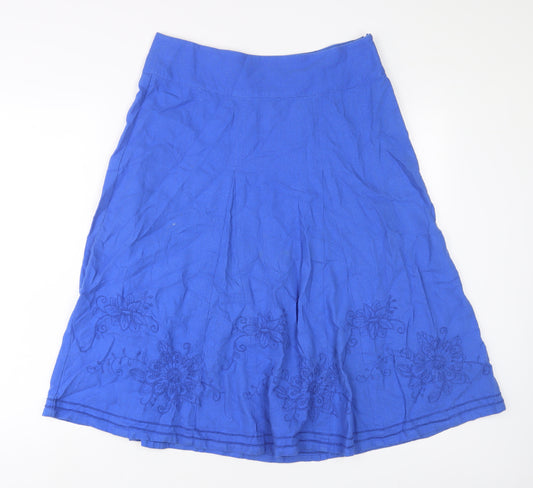 Maine Womens Blue Linen A-Line Skirt Size 10 Zip - Embroidered