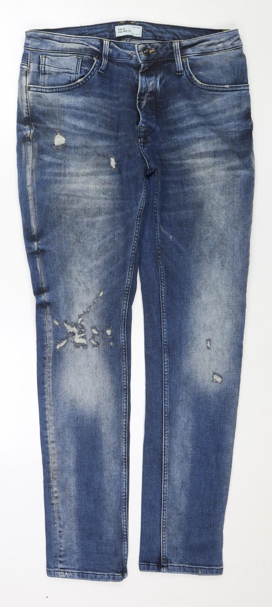 Zara Mens Blue Cotton Straight Jeans Size 32 in L30 in Regular Zip