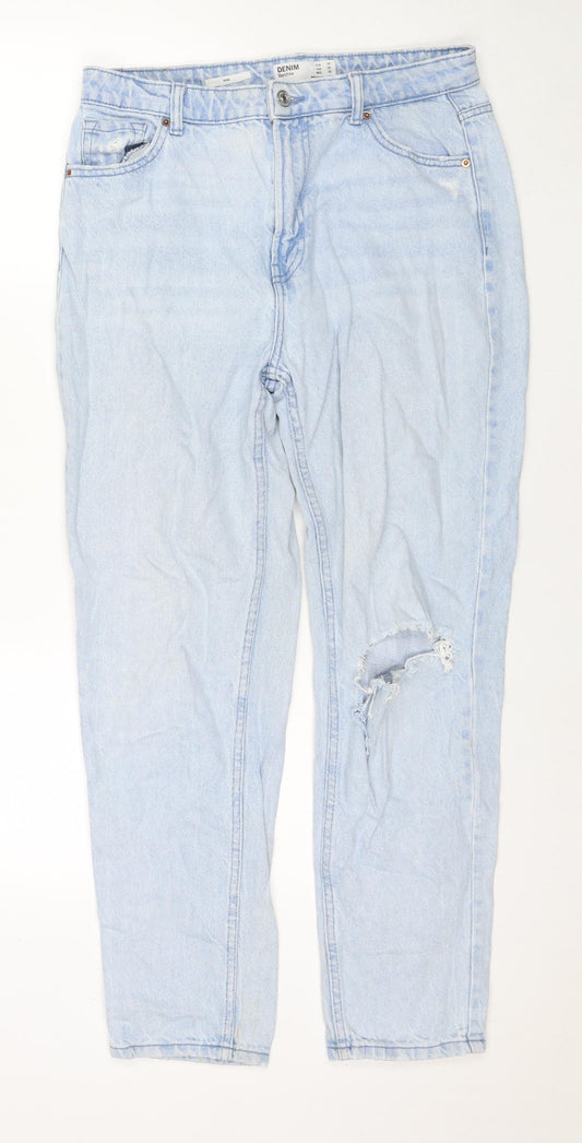 Bershka Womens Blue Cotton Mom Jeans Size 10 L28 in Regular Zip