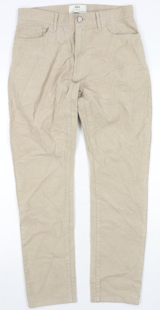 Marks and Spencer Mens Beige Cotton Trousers Size 30 in L29 in Slim Zip