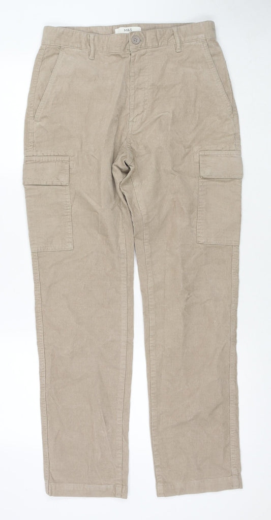 Marks and Spencer Mens Beige Cotton Cargo Trousers Size 30 in L31 in Regular Zip