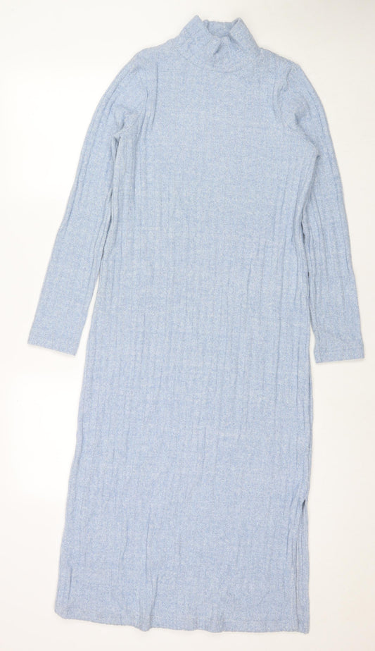 Marks and Spencer Womens Blue Polyester Jumper Dress Size 14 Round Neck Pullover - Ribbed