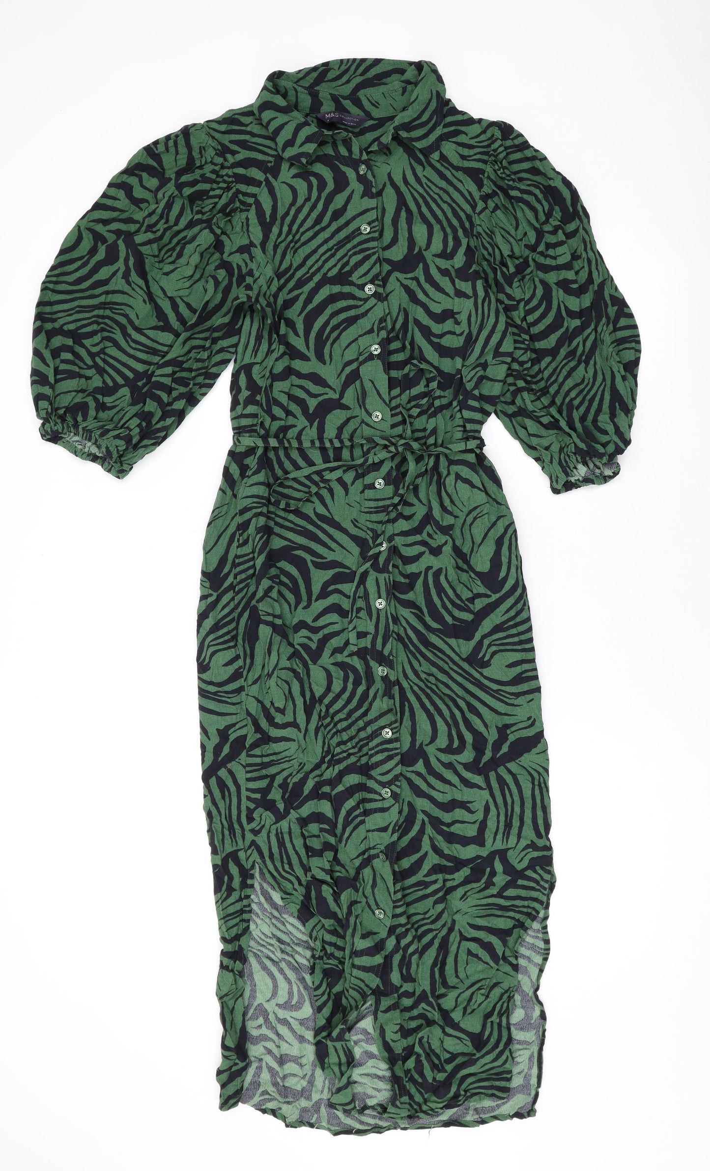 Marks and Spencer Womens Green Animal Print Viscose Shirt Dress Size 8 Collared Button