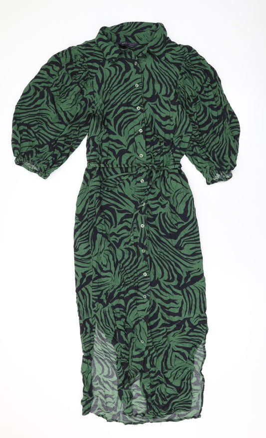 Marks and Spencer Womens Green Animal Print Viscose Shirt Dress Size 8 Collared Button