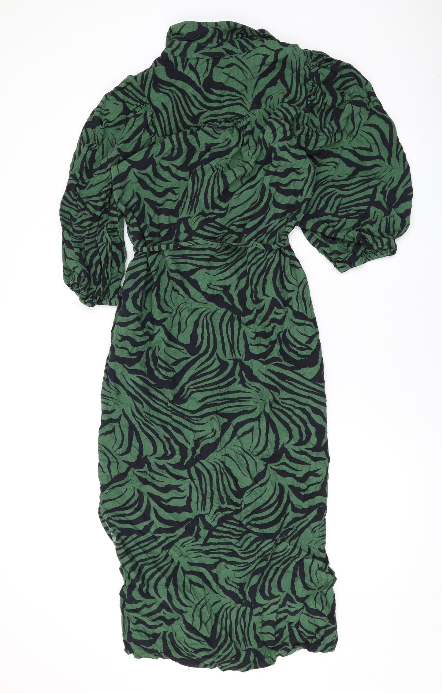 Marks and Spencer Womens Green Animal Print Viscose Shirt Dress Size 8 Collared Button