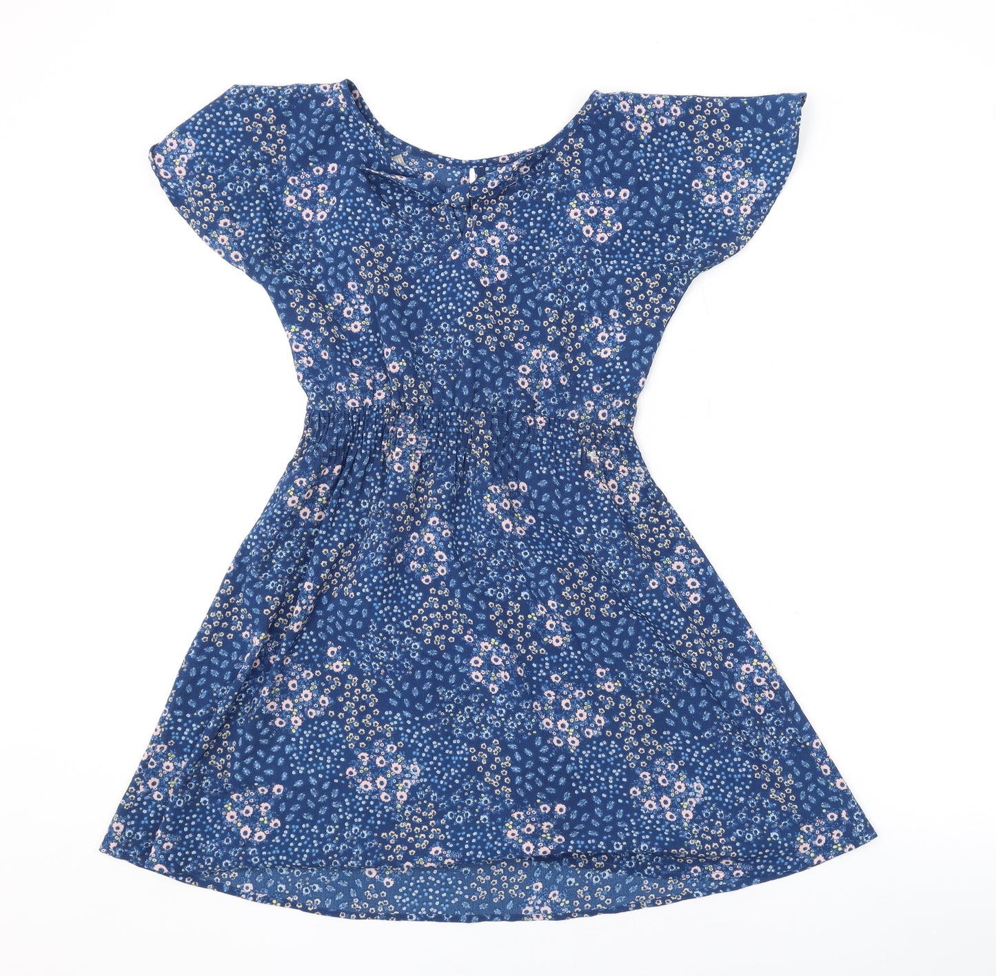 John Lewis Womens Blue Floral Polyester A-Line Size 10 Round Neck