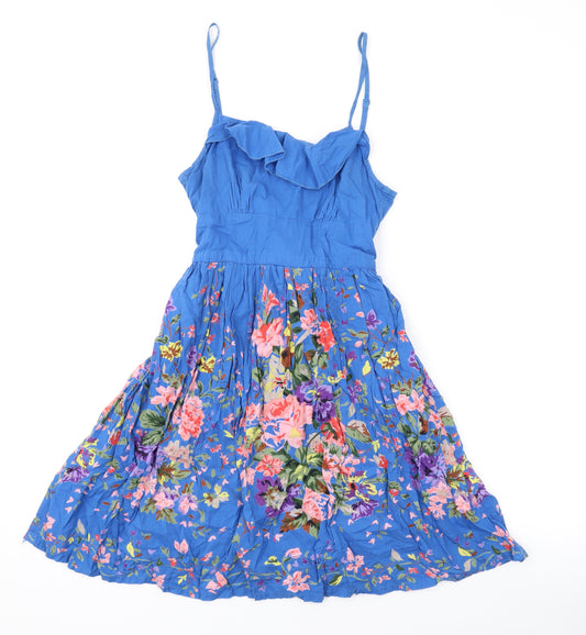 Topshop Womens Blue Floral Cotton A-Line Size 8 V-Neck Zip