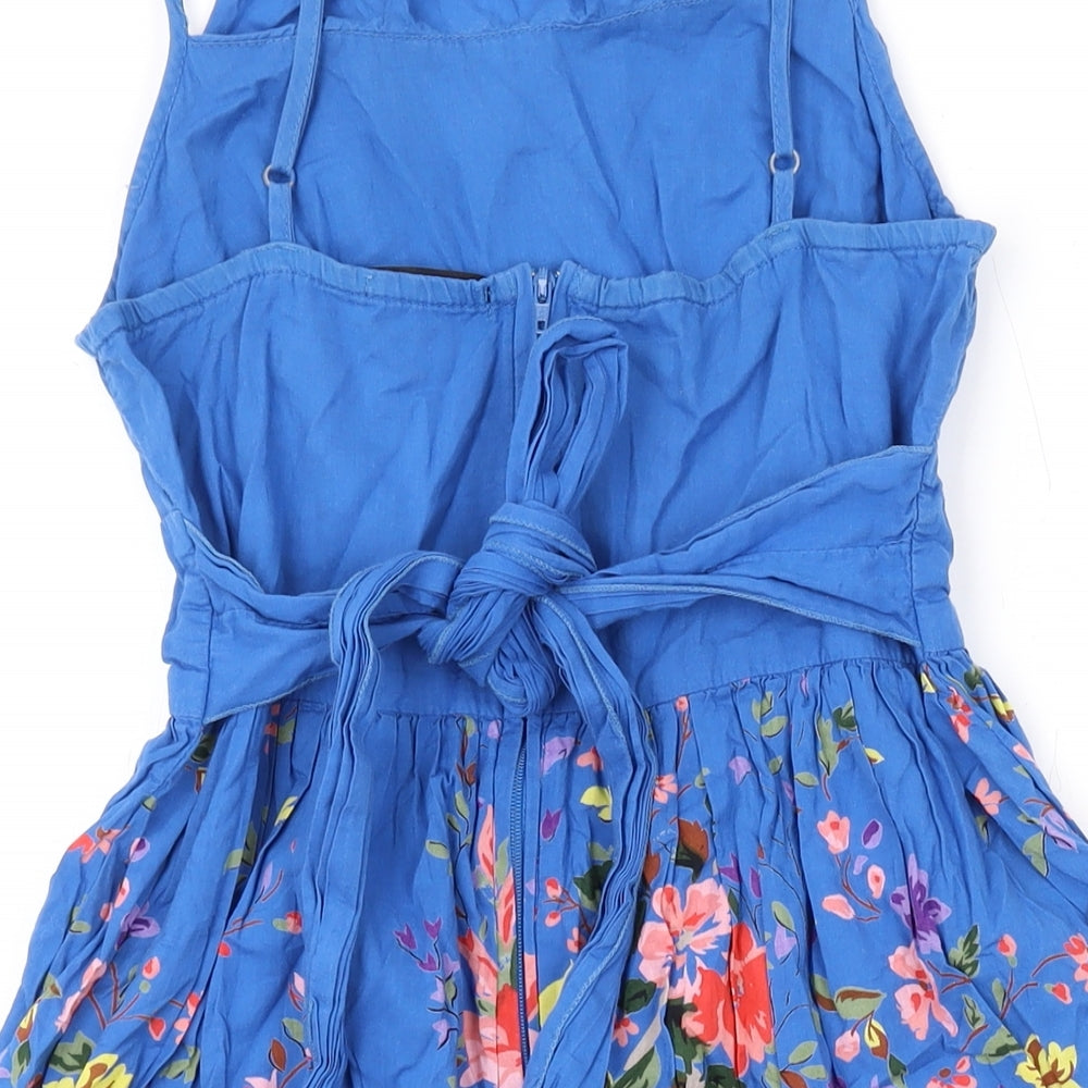 Topshop Womens Blue Floral Cotton A-Line Size 8 V-Neck Zip