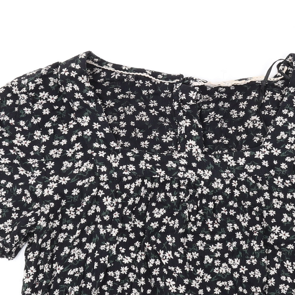 Fat Face Womens Black Floral Viscose Basic T-Shirt Size 8 Round Neck