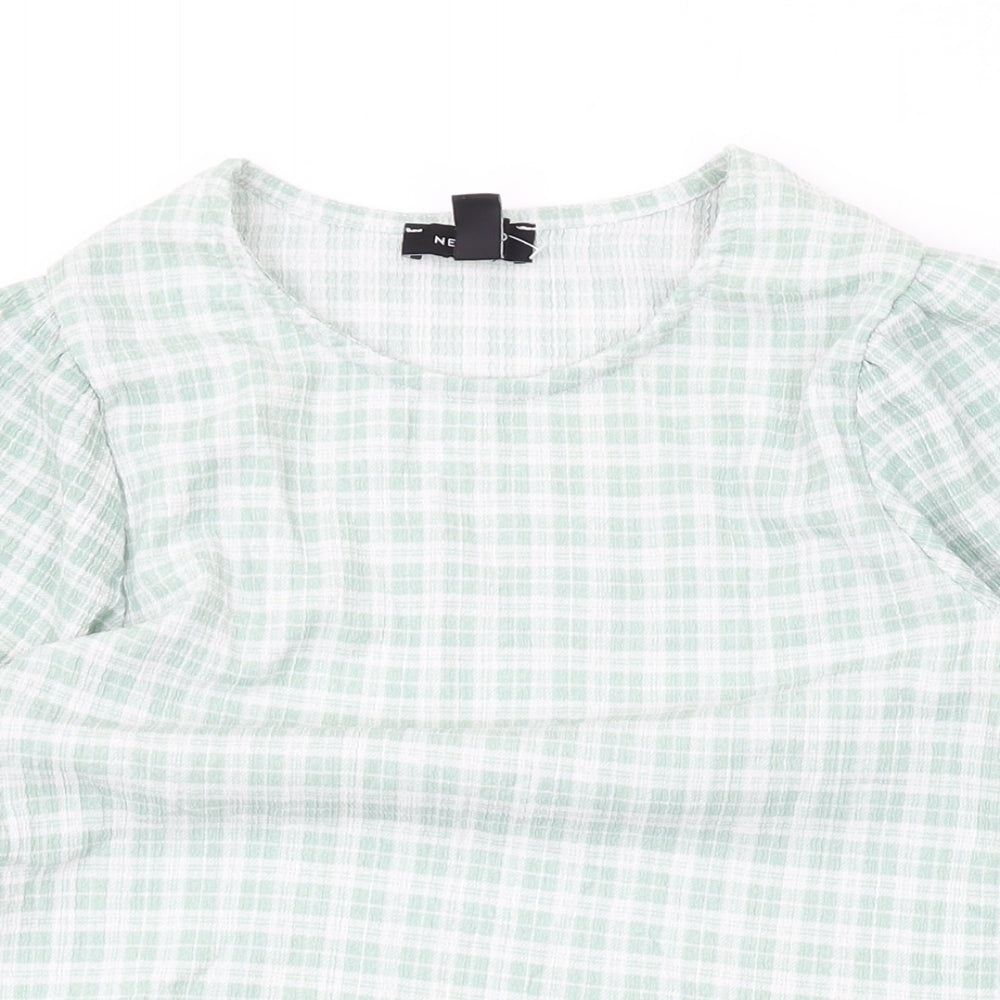 New Look Womens Green Check Polyester Basic Blouse Size 10 Round Neck