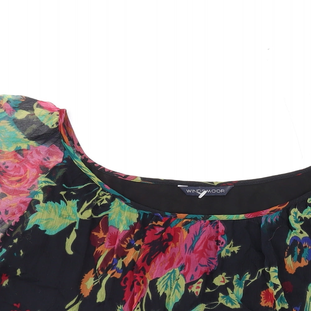 Windsmoor Womens Black Floral Silk Basic Blouse Size 18 Scoop Neck