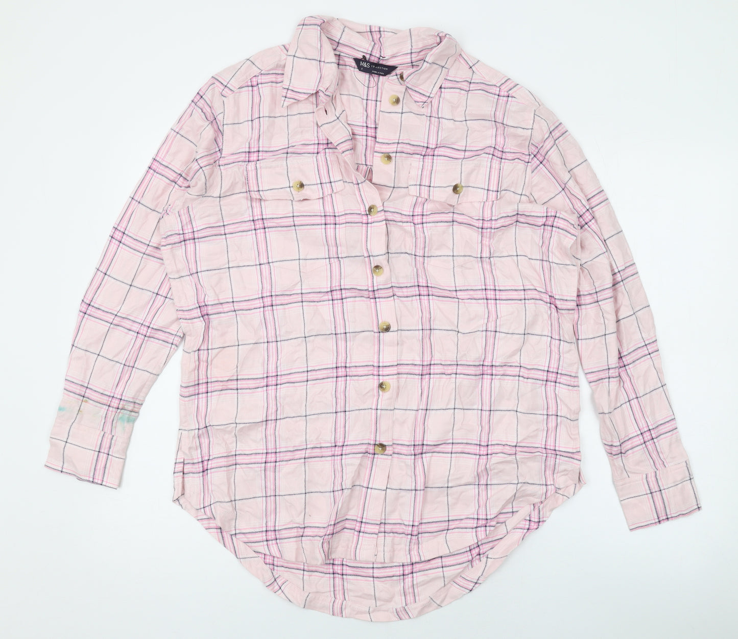 Marks and Spencer Womens Pink Plaid Viscose Basic Button-Up Size 8 Collared