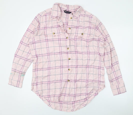 Marks and Spencer Womens Pink Plaid Viscose Basic Button-Up Size 8 Collared