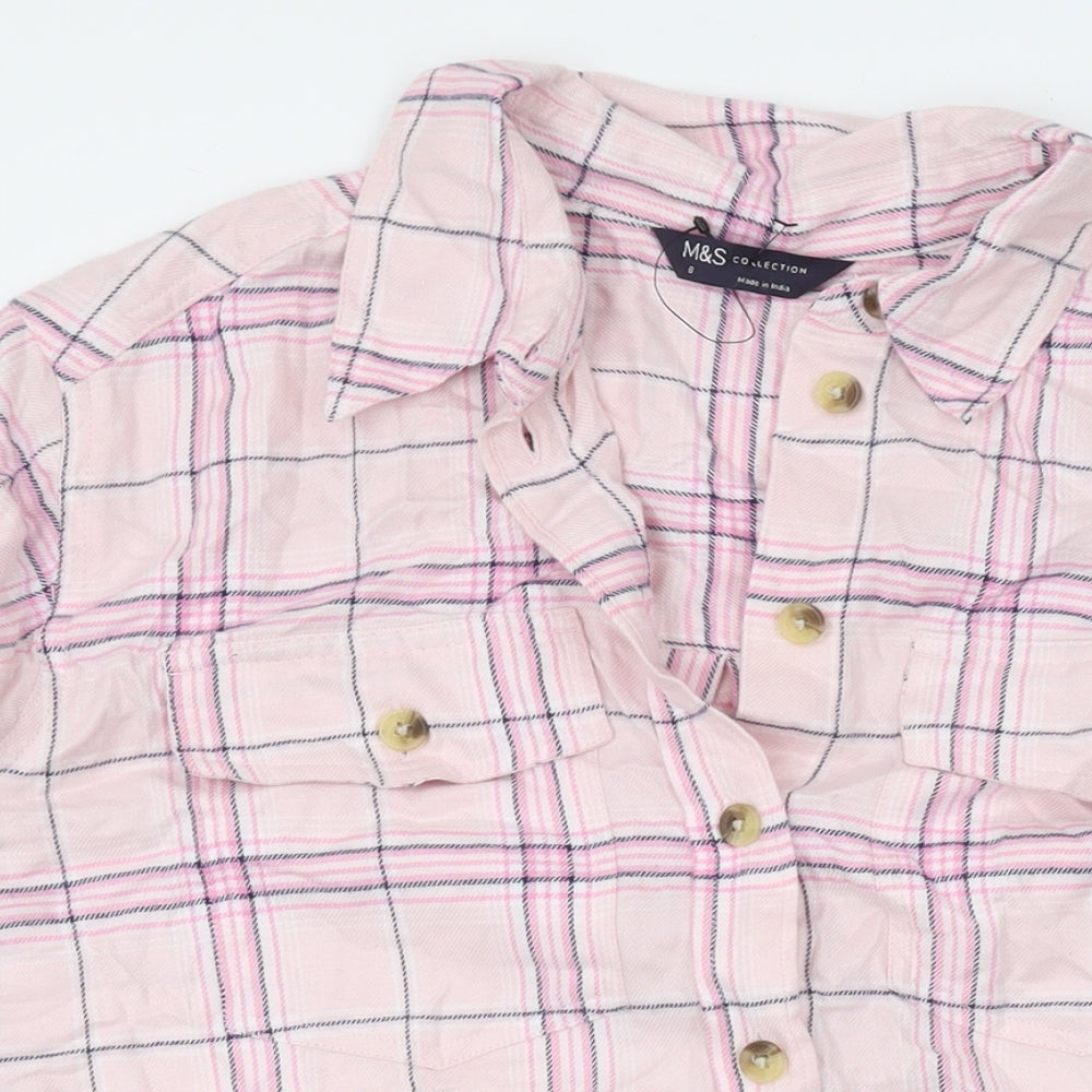 Marks and Spencer Womens Pink Plaid Viscose Basic Button-Up Size 8 Collared