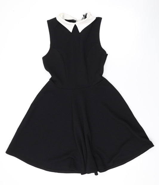 New Look Womens Black Polyester Skater Dress Size 10 Collared Button